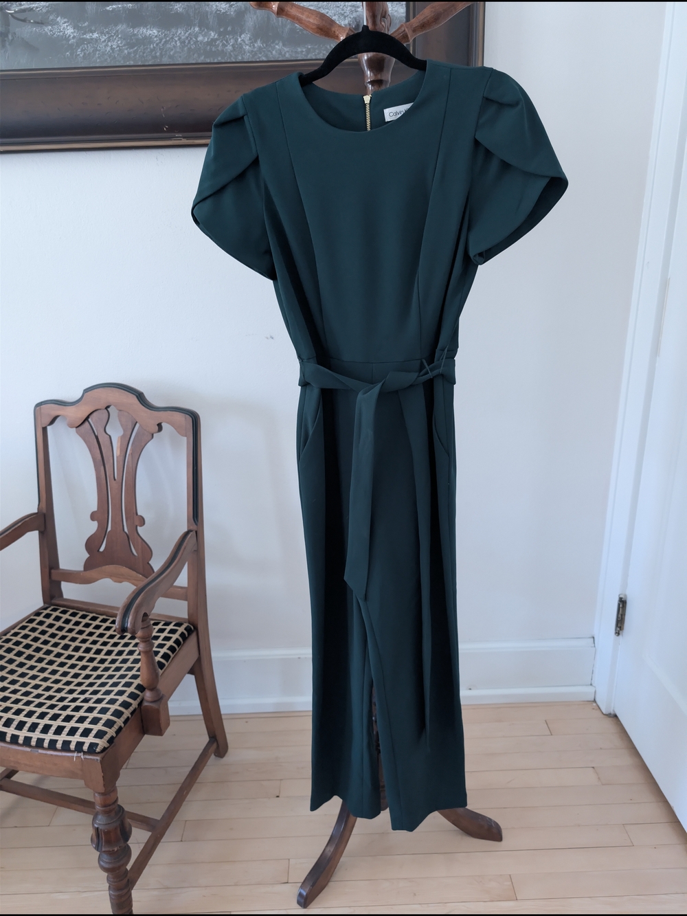 Calvin Klein Deep Teal Midi Dress with Cap/Puff Sleeves Sz 4
